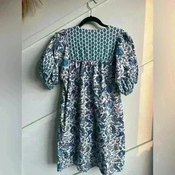 KNOX ROSE dress Puff Sleeve Blue White Bohemian Floral Tassel Tie Size S - Picture 5 of 11